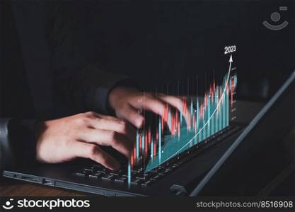 Technology business finance and investment concept 2023, stock market investment funds and digital assets, business people analyze financial data from stock graph, forex trading.
