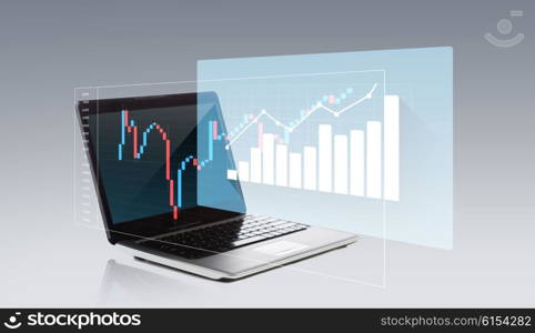 technology, business, statistics, economy and success concept - laptop computer with chart on screen over gray background