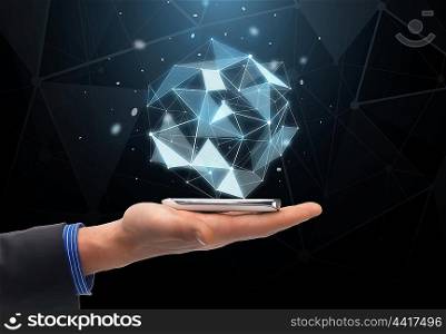 technology, business, virtual reality, people and communication concept - close up of man hand holding smartphone with virtual low poly shape projection over black background