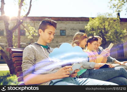 technology, cloud computing and people concept - group of happy teenage friends or students with tablet pc computer outdoors. happy friends with tablet pc computer outdoors