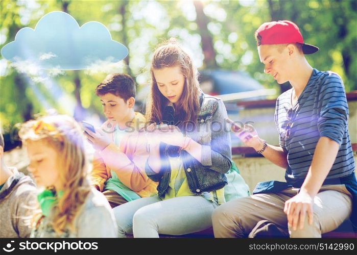 technology, cloud computing and people concept - happy teenage friends with smartphones outdoors. happy teenage friends with smartphones outdoors