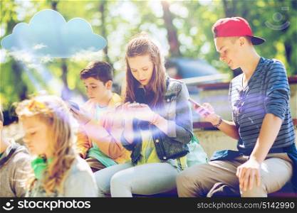 technology, cloud computing and people concept - happy teenage friends with smartphones outdoors. happy teenage friends with smartphones outdoors