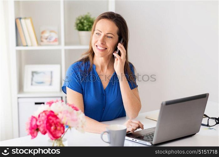 technology, communication and people concept - happy woman calling on smartphone at office or home. woman calling on smartphone at office or home