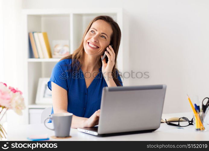 technology, communication and people concept - happy woman calling on smartphone at office or home. woman calling on smartphone at office or home