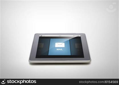 technology, communication, information, business and modern gadget concept - close up of tablet pc computer with email message screen over gray background