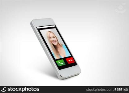 technology, communication, people and electronics concept - close up of white smarthphone with with incoming call on screen