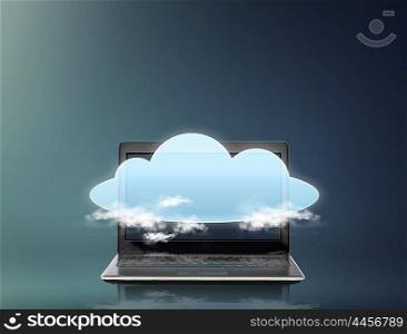technology, computing and telecommunication concept - laptop computer with cloud projection over gray background