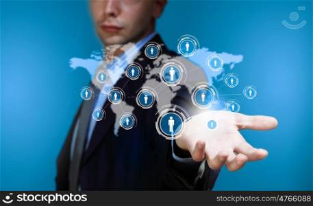 Technology concept. Image of business person holding devices in hands