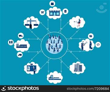 Technology connecting financial advisers with people, homes, communities, commerce, business and industry. Concept business technology illustration. Vector