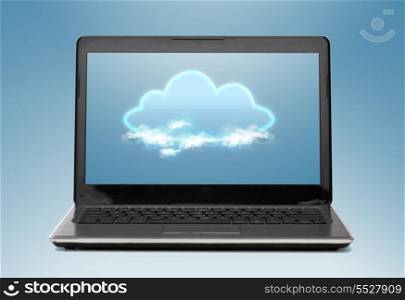 technology, connectivity and cloud computing concept - laptop computer with cloud on screen
