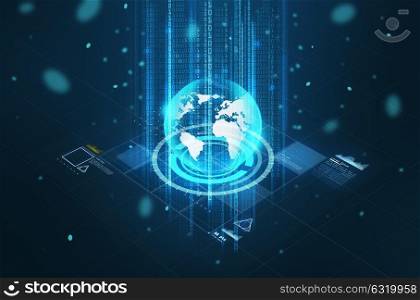 technology, cyberspace and virtual reality concept - hologram of earth globe and virtual screen projection over black background. hologram of earth globe and virtual screen