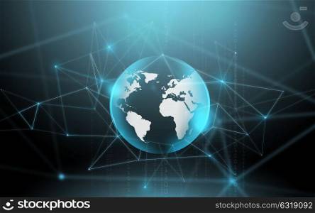 technology, cyberspace and virtual reality concept - illustration of earth globe hologram with network connections over dark background. earth globe hologram with network connections