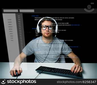 technology, cyberspace, virtual reality and people concept - man or hacker in headset and eyeglasses with keyboard hacking computer system or programming over vitual screen projection