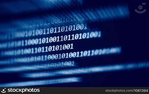 Technology digital binary code data number 0 and 1 on computer screen blue dark background - blur and selective focus