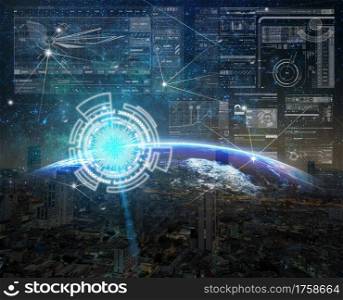 Technology digital virtual screen with the Network connection on Part of earth with sun rise and lens flare over the Milky Way and cityscape background, innovation concept