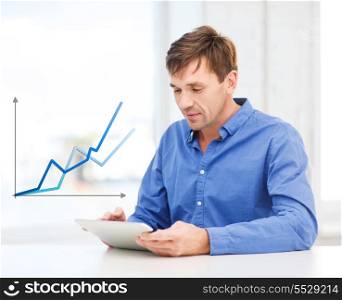 technology, economy and lifestyle concept - handsome man working with tablet pc at home