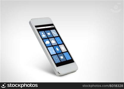 technology, electronics and advertisement concept - white smarthphone with application icons on screen