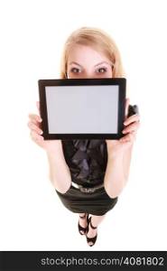 Technology. Elegant businesswoman blonde girl young woman showing blank copy space on screen tablet touchpad isolated on white.