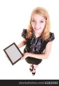 Technology. Elegant businesswoman blonde girl young woman showing blank copy space on screen tablet touchpad isolated on white.