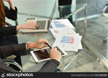 Technology equipment with laptop, business documents on meeting table. Technology equipment with laptop, business documents on meeting