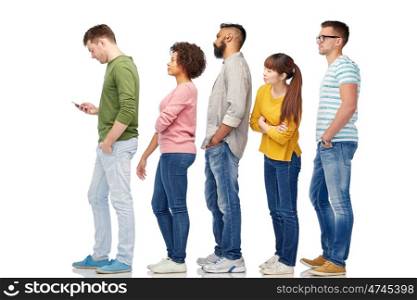 technology, ethnicity and people concept - international group of men and women in queue line with smartphone over white