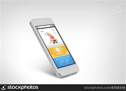 technology, fitness and sport concept - white smarthphone with sports application on screen