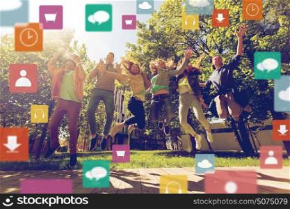 technology, freedom and people concept - group of happy teenage students or friends jumping outdoors with menu icon. happy teenage students or friends jumping outdoors