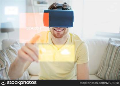 technology, gaming, forecast, entertainment and people concept - happy young man in virtual reality headset or 3d glasses with summer weather cast projection