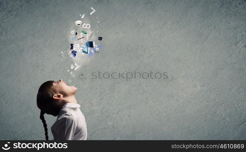 Technology generation. Side view of girl and colorful icons coming out of her mouth