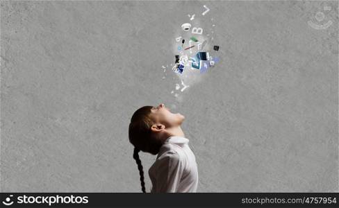 Technology generation. Side view of girl and colorful icons coming out of her mouth