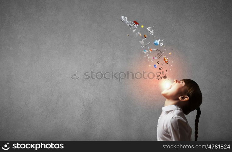 Technology generation. Side view of girl and colorful icons coming out of her mouth