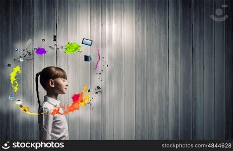 Technology generation. Side view of girl and colorful icons flying round her head