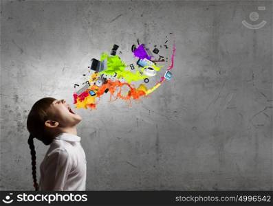 Technology generation. Side view of girl and colorful splashes coming out of her mouth