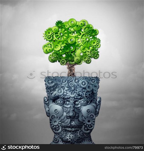 Technology growth and business training and computing development as artificial intelligence concept as a human head and growing tree made of industry gears as a 3D illustration.