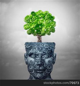 Technology growth and business training and computing development as artificial intelligence concept as a human head and growing tree made of industry gears as a 3D illustration.