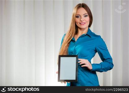 Technology help in career business and work advice first job. Young woman hold tablet portable computer show advice and help.. Young office worker hold tablet PC.