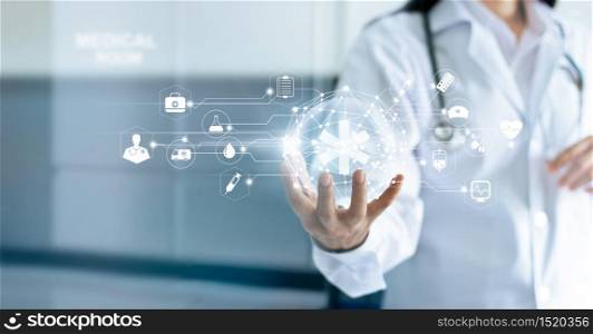 Technology Innovation and medicine concept. Doctor and medical network connection with modern virtual screen interfacein in hand on hospital background
