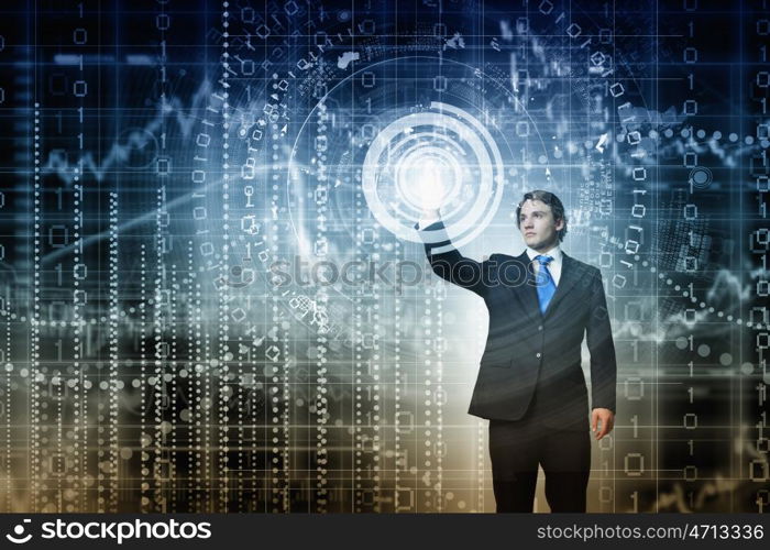 Technology innovations. Businessman in suit touching icon of media screen