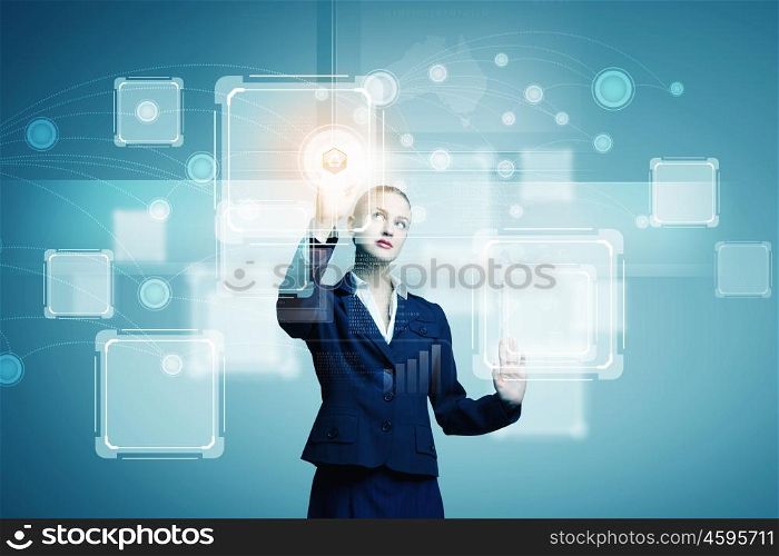 Technology innovations. Young attractive businesswoman touching icon of digital screen