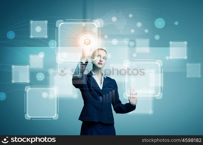 Technology innovations. Young attractive businesswoman touching icon of digital screen