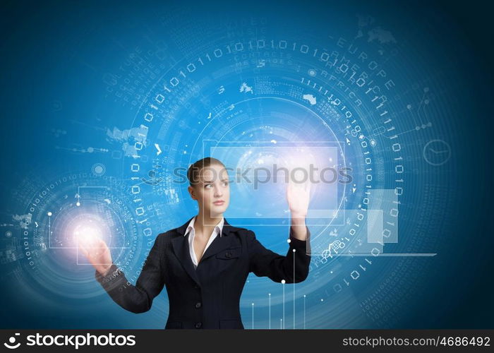 Technology innovations. Young attractive businesswoman touching icon of digital screen