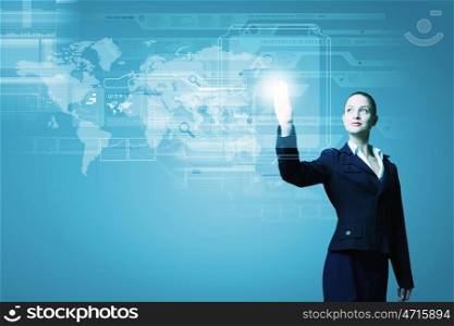 Technology innovations. Young attractive businesswoman touching icon of digital screen