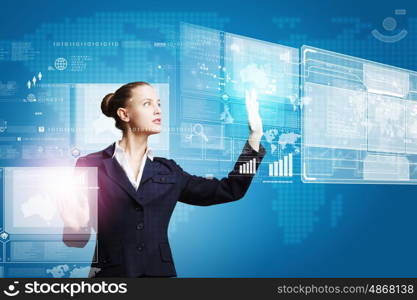 Technology innovations. Young attractive businesswoman touching icon of digital screen