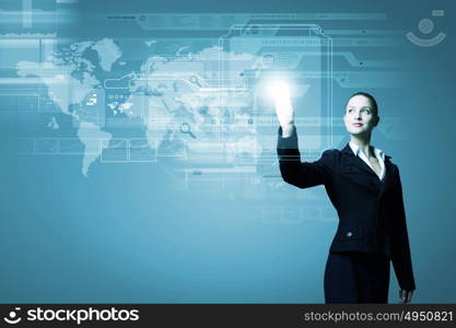 Technology innovations. Young attractive businesswoman touching icon of digital screen