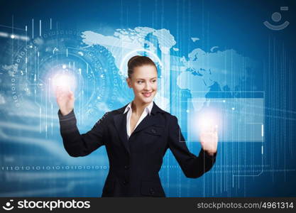 Technology innovations. Young attractive businesswoman touching icon of digital screen