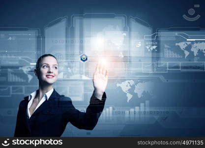 Technology innovations. Young attractive businesswoman touching icon of digital screen