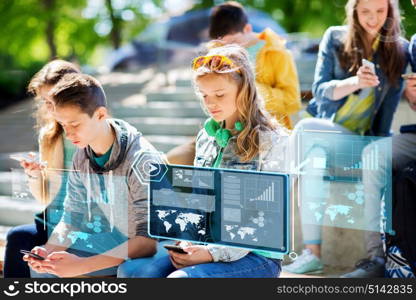 technology, internet addiction and people concept - teenage friends with smartphones outdoors. teenage friends with smartphones outdoors