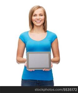 technology, internet, advertisement and people concept - smiling girl with tablet pc computer with blank scneen