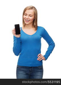 technology, internet and advertisement concept - smiling woman with black blank smartphone screen