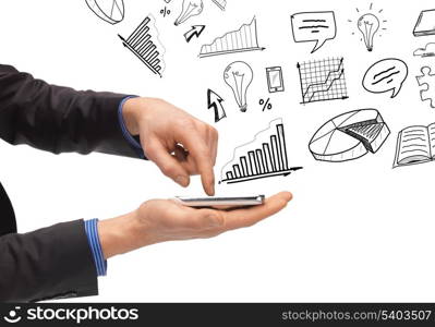 technology, internet and application concept - hand holding smartphone with icons